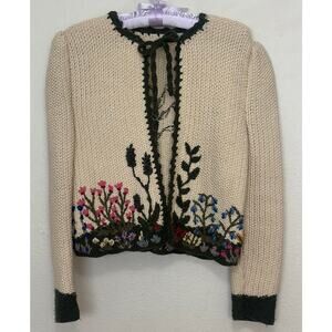 Vintage Reine Wool Sweater Cardigan 3D Chunky Knit Floral Cottagecore Handmade